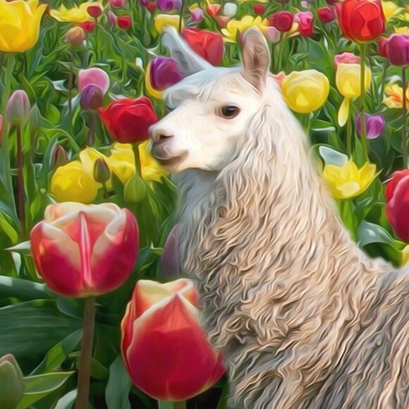 16x20 Suri Alpaca Field of Flowers Sky Landscape Fantasy Oil Painting Art Print - Picture 6 of 7